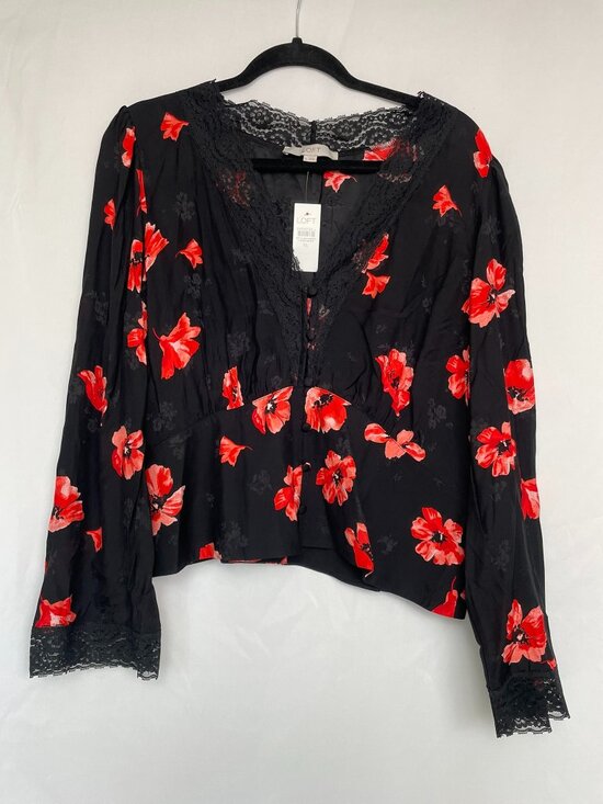 LOFT Tops - LOFT Black Red Floral Lace Trim V-Neck BlouseTop XL NWT